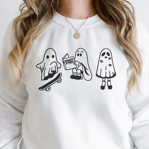 Funny Ghost Halloween Sweatshirt, Ghost Skateboarding Shirt, Spooky Season Pullover, Creepy Ghost Crewneck, Scary Halloween Sweatshirt Gift
