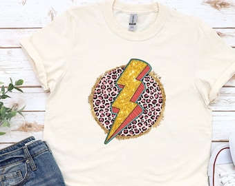 Retro Leopard Print Lightning Bolt Shirt, Leopard Lightning Shirt, Cheetah Print Shirt, Gift for Her, Cute & Trendy T-shirt, Vintage t-shirt