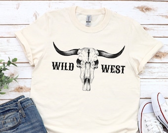 Wild West Western Cow Skull Graphic Tee, Boho Skull Shirt, Wild west Shirt, Western Graphic Tee, Cowgirl Shirt, Bull Skull Western Clothing