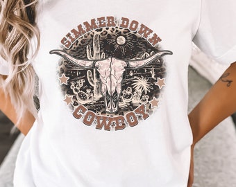 Western Graphic Tee, Simmer Down Cowboy Aesthetic Shirt Bull Skull Shirt Southwest Shirt Retro Graphic Tee Longhorn Skull Shirt Cowgirl
