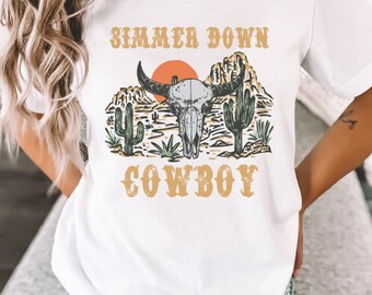 Western Graphic Tee, Simmer Down Cowboy Aesthetic Shirt Bull Skull Shirt Southwest Shirt Retro Graphic Tee Longhorn Skull Shirt Cowgirl Tee