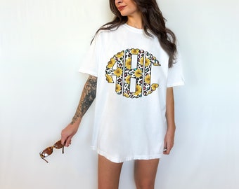 Custom Comfort Colors Monogram Shirt Personalized Monogram Sunflower Shirt Custom Leopard Print Monogram Tee for Teacher Gift for Her