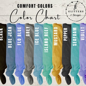 May include: Color chart showing 12 different fabric colors, including ivory, black, blue jean, flo blue, grey, ice blue, island reef, mustard, pepper, seafoam, violet, and watermelon.