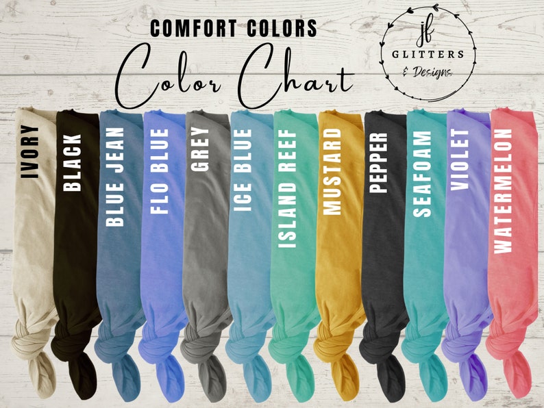 May include: Color chart showing 12 different fabric colors, including ivory, black, blue jean, flo blue, grey, ice blue, island reef, mustard, pepper, seafoam, violet, and watermelon.