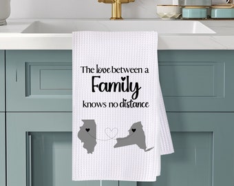 The love between Family, Long Distance Kitchen Towel, Personalized Towel, State to State, Personalized, Dish Towel, Gift, Tea Towel