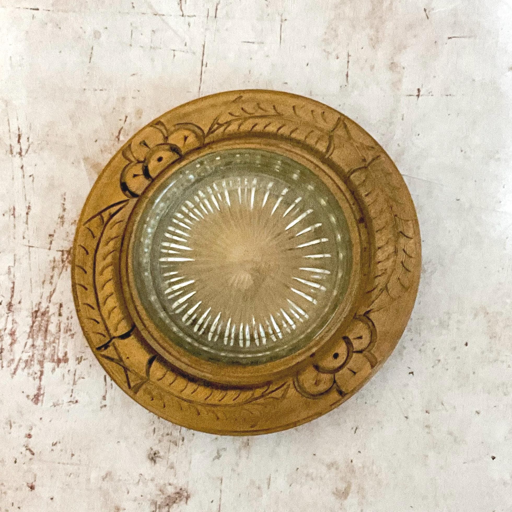 Vintage Hand Carved Wood Butter Board With Pressed Glass Insert