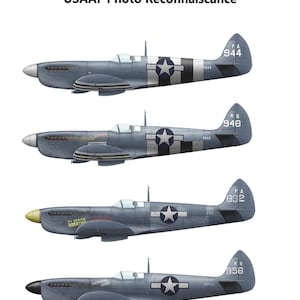 May include: A sheet of water decals for aircraft models, featuring four gray Spitfire PR. Mk. XI planes with USAAF markings. Each plane has a white star and bar insignia. The sheet includes text and numbers.
