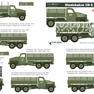 May include: A set of 1/72 scale model decals for a Studebaker US6 truck in the Red Army. The decals feature various camouflage patterns and markings for different units and time periods, including the 2nd Ukrainian Front, Berlin, and Poltava.