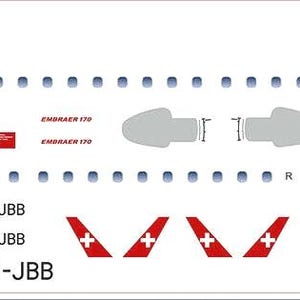 Può includere: Un set di decalcomanie per un modello in scala 1/144 di un aereo Embraer 170-10. Le decalcomanie presentano la livrea di Swiss International Air Lines, tra cui la bandiera svizzera, il logo della compagnia aerea e i numeri di registrazione HB-JXC e HB-JBB.