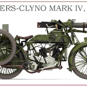Könnte beinhalten: Ein olivgrünes Vickers-Clyno Mark IV Motorrad von 1915 mit montiertem Maschinengewehr. Das Motorrad hat einen Ersatzreifen hinten und den Text "B32-003".