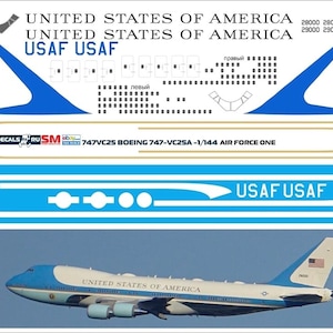 Puede incluir: Una hoja de calcomanías con elementos para un modelo a escala 1/144 del Boeing 747-VC25A, también conocido como Air Force One. Incluye texto como "UNITED STATES OF AMERICA" y "USAF USAF". La imagen también muestra una fotografía del avión.