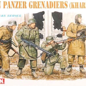 May include: A model kit of four German Panzer Grenadiers in winter camouflage uniforms, holding rifles and standing in front of a building with broken windows. The box art features the text "GERMAN PANZER GRENADIERS (KHARKOV 1943)" and "1:35 '39-'45 SERIES".