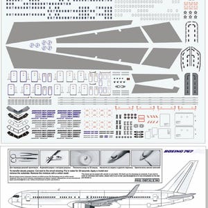 Könnte beinhalten: Ein detaillierter Decalbogen für ein Boeing 767-300ER Flugzeugmodell. Der Bogen enthält Abziehbilder für den Rumpf, die Flügel und den Schwanz sowie kleinere Details wie Fenster, Türen und Motormarkierungen. Der Bogen enthält auch ein Diagramm des Flugzeugs mit der angegebenen Platzierung der Abziehbilder.