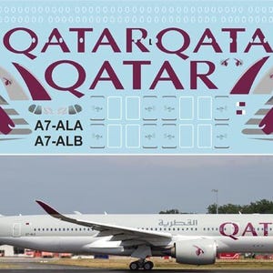 Op de afbeelding: Een wit vliegtuig met een maroon en grijs Qatar Airways logo op de staart en romp. Het vliegtuig staat op een tarmac met groen gras en bomen op de achtergrond. De tekst "QATAR" is zichtbaar aan de zijkant van het vliegtuig.
