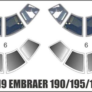 Può includere: Uno schema in bianco e nero che mostra la disposizione delle finestre di un aereo Embraer 190/195/170/175. Lo schema mostra le finestre della cabina, con il testo "PF-14419 EMBRAER 190/195/170/175" in basso.