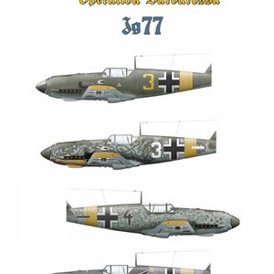 May include: Water decals for a Messerschmitt Bf 109 E aircraft model in 6 colour options. The decals feature the text "Operation Barbarossa" and "Jg 77".