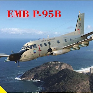 Può includere: Modello di aereo EMB P-95B in volo sopra acqua e terra. Il modello è grigio chiaro con segni rossi e ha un muso nero. L'immagine include il testo "EDIZIONE LIMITATA" e "SCALA 1:72".