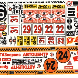 Può includere: Un foglio di adesivi bianchi con testo e numeri neri, rossi e arancioni. Gli adesivi presentano le parole "Volga", "Autoexport", "Gaz-24", "KrasGAZservis", "Avtocentr", "Dzintara", "Samsonovd", "Motul" e "Ethso Trading Co. Ltd."