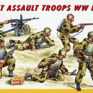 May include: A plastic model kit of Soviet assault troops from World War II. The kit includes five figures in camouflage uniforms, a machine gun, and other weapons. The box art features a detailed illustration of the troops in action. The box is labeled "Soviet Assault Troops WW II" and "No. 347".