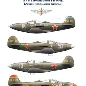 May include: A sheet of water decals for a P-39 N/Q Airacobra aircraft model, featuring seven color options. The olive drab planes have red stars and various numbers. Text includes "273 Gomelskaya Gv IAD Minsk-Warsaw-Berlin."