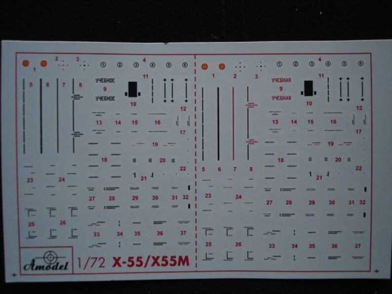 Pode incluir: Uma folha de instru&ccedil;&otilde;es para um kit de modelo de avi&atilde;o com um diagrama em preto e branco das pe&ccedil;as. A folha &eacute; etiquetada "Amodel 1/72 X-55/X55M".
