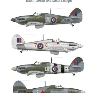 Puede incluir: Calcomanías de agua para un modelo de avión Hurricane Mk II C en seis opciones de color. Las calcomanías presentan una estrella roja, un círculo y el texto "70K", "DROB", "HL791", "KX471", "16" y "67".