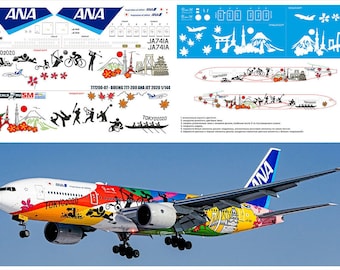 May include: A 1/144 scale model kit of an ANA Boeing 777-200 jet airplane with a Tokyo 2020 livery. The plane is painted with a colorful design featuring Japanese landmarks, cherry blossoms, and athletes participating in various sports. The kit includes decals for the plane's registration number, "JA741A", and the words "Tokyo 2020".