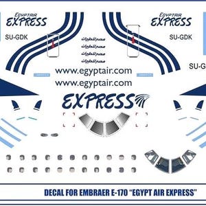 Può includere: Foglio di decalcomanie per un aereo Embraer E-170, con la livrea di EgyptAir Express. Il foglio di decalcomanie include il logo della compagnia aerea, la deriva e altri marchi. Il testo "EGYPTAIR EXPRESS" e "SU-GDK" sono visibili sul foglio.