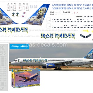 Op de afbeelding: Een 1/144 schaalmodel van een Boeing 757-200 vliegtuig met Iron Maiden livery. Het vliegtuig is wit geverfd met blauwe en gele accenten. De staart heeft een afbeelding van Eddie, de mascotte van de band. Het vliegtuig is gelabeld "Somewhere Back in Time World Tour 09" en "G-OJIB".