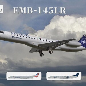 Può includere: Modello di aereo EMB-145LR in volo, con il logo SkyTeam Aeromexico. Il modello è bianco con dettagli blu e grigi, in scala 1:72. L'immagine include il testo "EMB-145LR" e "Amodel".