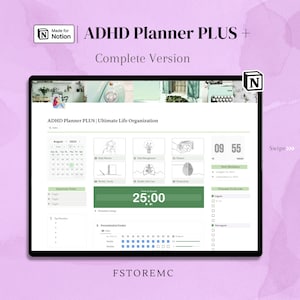 Puede incluir: Una pantalla de ordenador que muestra una plantilla de Notion ADHD Planner PLUS. La plantilla incluye un calendario, una lista de tareas, un rastreador de tiempo y un rastreador de procrastinación. La plantilla está diseñada para ayudar a las personas con TDAH a organizar sus vidas y mantenerse en el camino correcto.