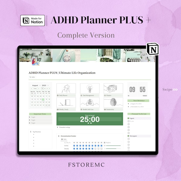 ADHD Notion template, Ultimate Life planner, Adult ADHD, Notion Dashboard, Personal Planner, Adhd Friendly Notion, Productivity, Eisenhower