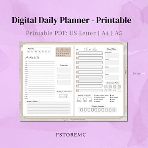 K&ouml;nnte beinhalten: Digitaler Tagesplaner, druckbares PDF in den Gr&ouml;&szlig;en US Letter, A4 und A5. Der Planer enth&auml;lt Abschnitte f&uuml;r die Planung, To-Do-Listen, Essensplanung, Bewegung, Stimmungsverfolgung und Wasseraufnahme. Das Design ist beige und wei&szlig; mit hellviolettem Hintergrund.
