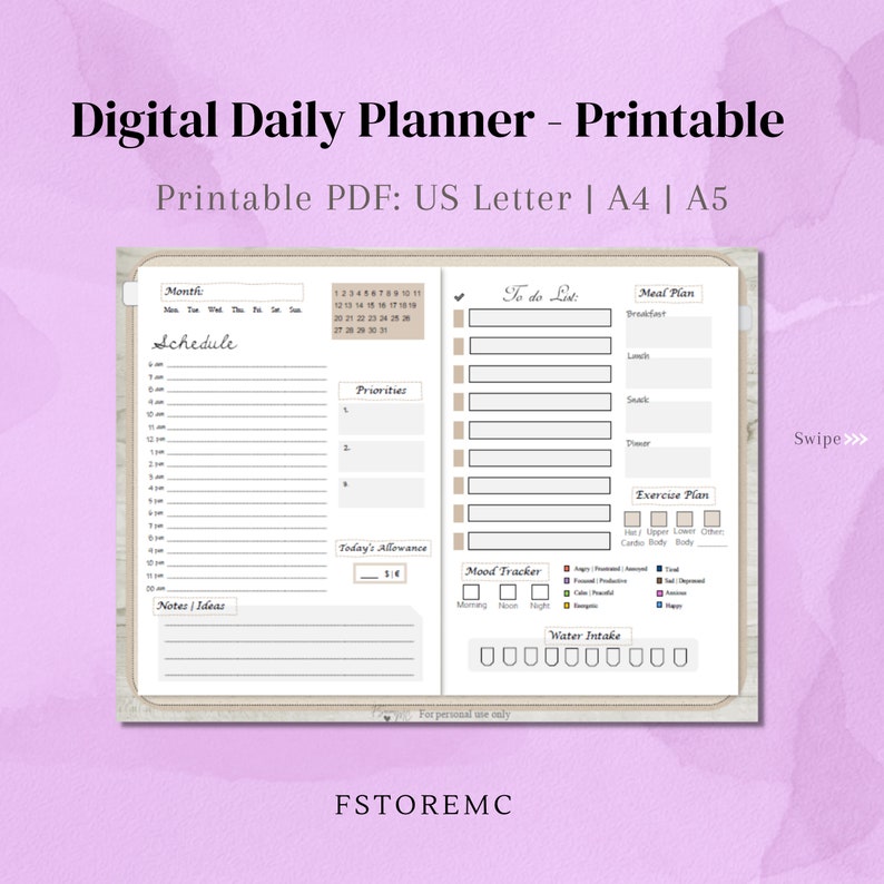K&ouml;nnte beinhalten: Digitaler Tagesplaner, druckbares PDF in den Gr&ouml;&szlig;en US Letter, A4 und A5. Der Planer enth&auml;lt Abschnitte f&uuml;r die Planung, To-Do-Listen, Essensplanung, Bewegung, Stimmungsverfolgung und Wasseraufnahme. Das Design ist beige und wei&szlig; mit hellviolettem Hintergrund.