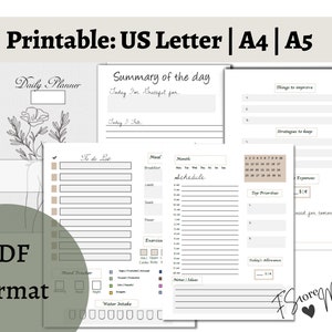 K&ouml;nnte beinhalten: Druckbare Planerseiten im PDF-Format, einschlie&szlig;lich Tagesplaner, To-Do-Liste, Essensplan und Stimmungstracker. Verf&uuml;gbar in den Formaten US Letter, A4 und A5. Das Design ist minimalistisch mit floralen Akzenten.