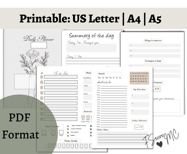 K&ouml;nnte beinhalten: Druckbare Planerseiten im PDF-Format, einschlie&szlig;lich Tagesplaner, To-Do-Liste, Essensplan und Stimmungstracker. Verf&uuml;gbar in den Formaten US Letter, A4 und A5. Das Design ist minimalistisch mit floralen Akzenten.
