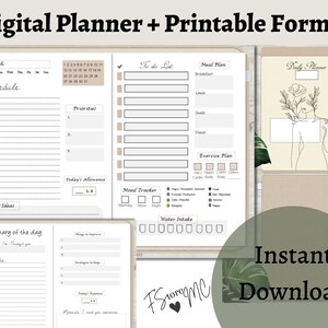 K&ouml;nnte beinhalten: Digitaler Planer im druckbaren Format. Das Design umfasst Abschnitte f&uuml;r die Planung, To-Do-Listen, Essensplanung, Bewegung, Stimmungs-Tracking und Wasseraufnahme. Der Planer enth&auml;lt auch eine t&auml;gliche Planerseite und den Text "Sofort-Download."