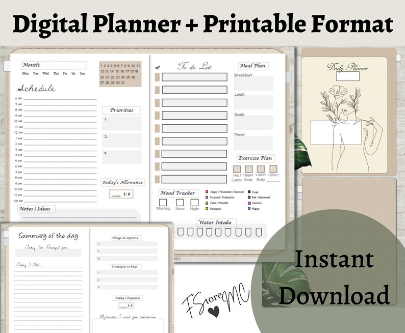 K&ouml;nnte beinhalten: Digitaler Planer im druckbaren Format. Das Design umfasst Abschnitte f&uuml;r die Planung, To-Do-Listen, Essensplanung, Bewegung, Stimmungs-Tracking und Wasseraufnahme. Der Planer enth&auml;lt auch eine t&auml;gliche Planerseite und den Text "Sofort-Download."