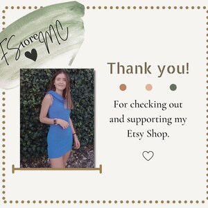 K&ouml;nnte beinhalten: Ein Bild mit dem Text "Danke!" und "F&uuml;r das Anschauen und Unterst&uuml;tzen meines Etsy-Shops." Eine Frau in einem blauen Kleid befindet sich in der Mitte des Bildes. Der Hintergrund ist hellbeige mit einem gr&uuml;nen Aquarelldesign.
