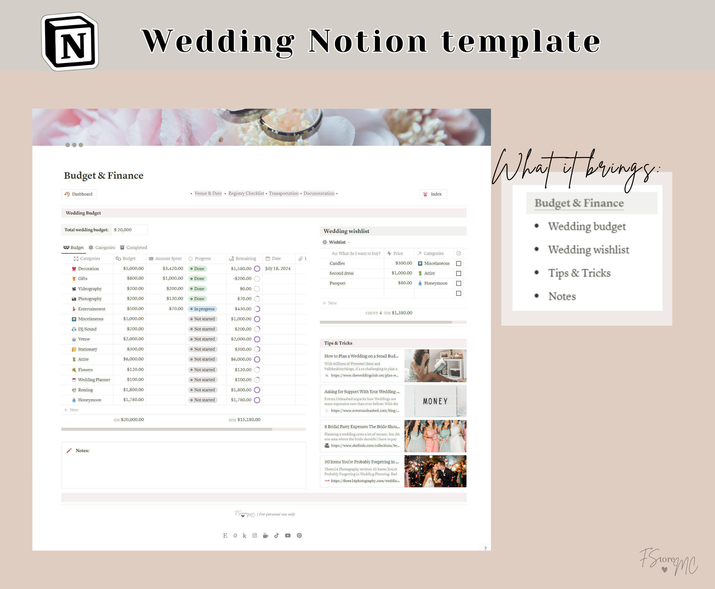Wedding Notion Template Planner, Honeymoon Planning, Plan for Wedding ...