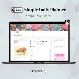 May include: A laptop screen displaying a Notion daily planner template with a floral background. The planner includes sections for a morning routine, daily schedule, and night routine. The daily schedule section includes a header that says "GOOD MORNING" and the date "SATURDAY, APRIL 20 2024".