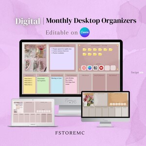 Monthly Laptop Organizer Wallpapers, Desktop planner, to-do list computer, aesthetic girl wallpapers, computer organizers, Canva template