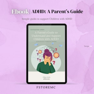 Puede incluir: Portada de un ebook con un fondo morado y una ilustración digital de una persona con cabello morado y una camisa verde. El texto de la portada dice "ADHD: A Parent's Guide" y "Navigating ADHD: A Parent's Guide to Understand and Support Children with ADHD".
