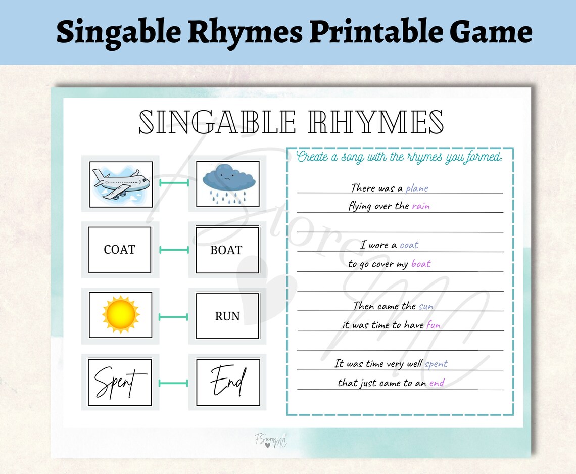 Singable Rhymes Printable Game: Form Rhymes and Create a Song/melody ...