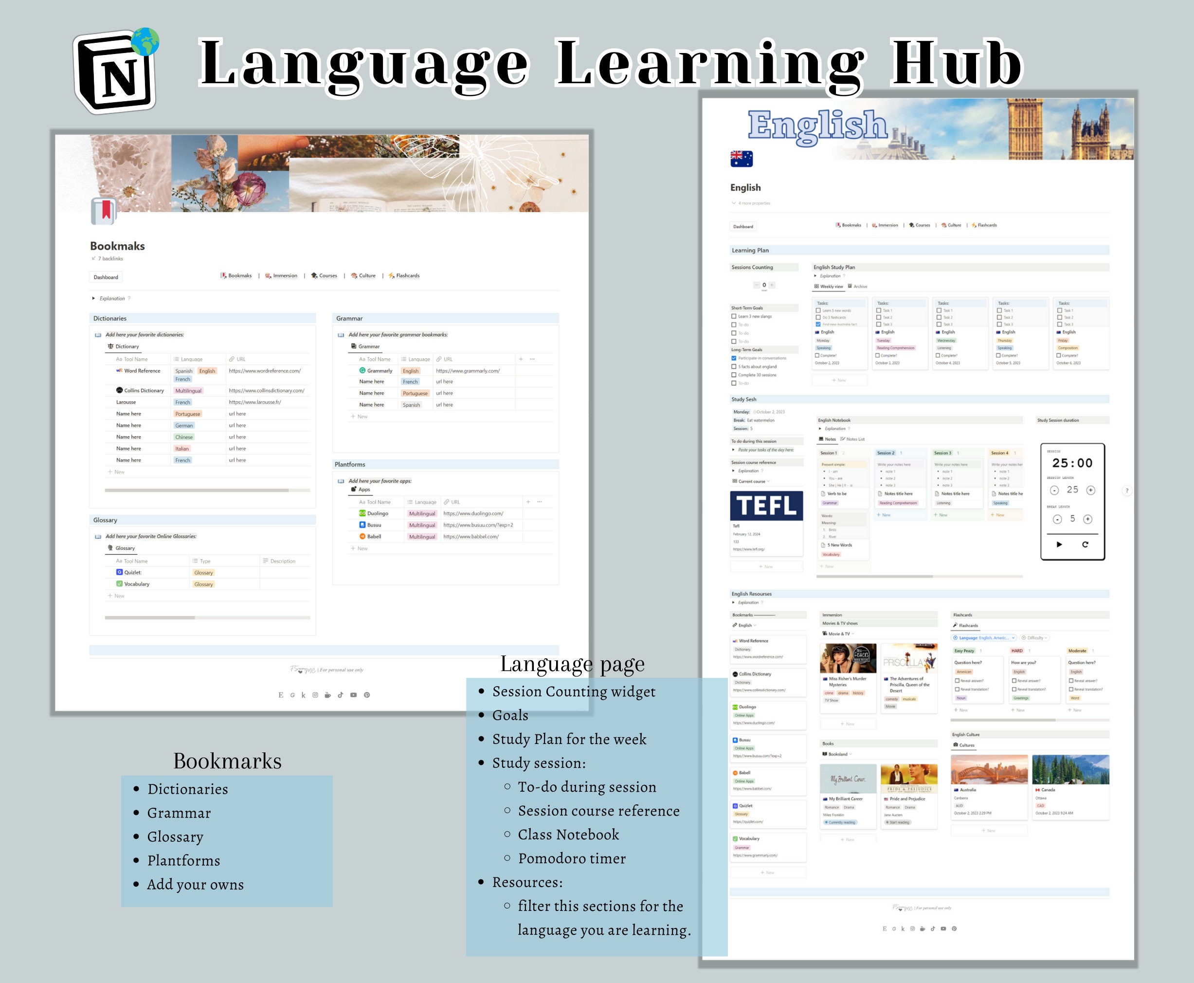 Language Learning Notion Template Learning Teacher Planner English ...