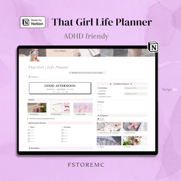 That girl Notion template ADHD Planner, Neurodivergent Notion template, full focus planner, all-in-one digital planner, eisenhower matrix