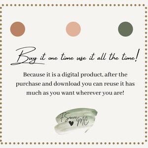 K&ouml;nnte beinhalten: Werbung f&uuml;r ein digitales Produkt in Creme mit dem Text "Buy it one time use it all the time!" und einem Aquarell-Logo. Der Text erkl&auml;rt die Wiederverwendbarkeit des Produkts nach dem Kauf und Download. Oben sind drei Farbmuster.
