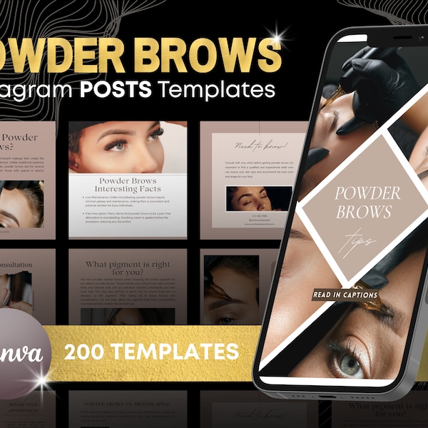 Powder Brows Posts, Instagram Templates for PMU Artists, Microblading Eyebrows Aftercare, Ombre Brows, Permanent Makeup Posts