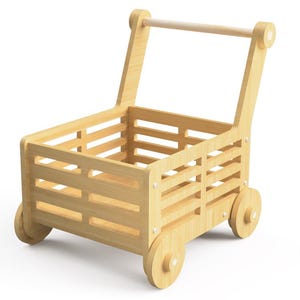 May include: A light-colored wooden toy wagon with a rectangular body and four round wheels. The wagon has a handle for pushing and a slatted design on the sides. The toy is made of wood and is designed for children.