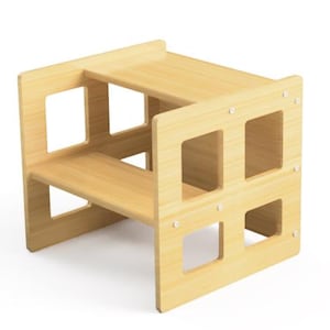 May include: A light-colored wooden step stool with two levels. The step stool has a rectangular shape with cut-out squares on the sides. The top level has a small lip on the back. The step stool is designed to help children reach higher surfaces.